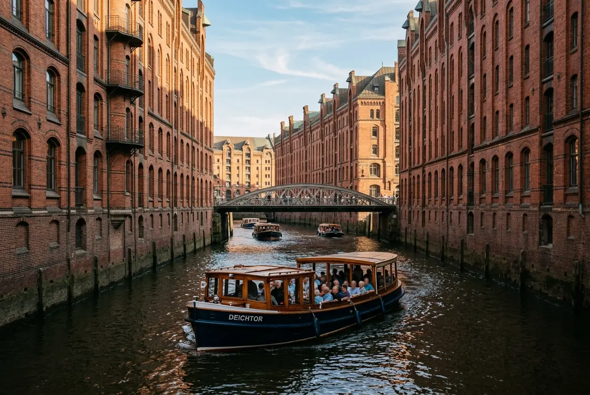 Traditional Barkasse boat on a hamburg boat tour passing the red brick Speicherstadt warehouse canals