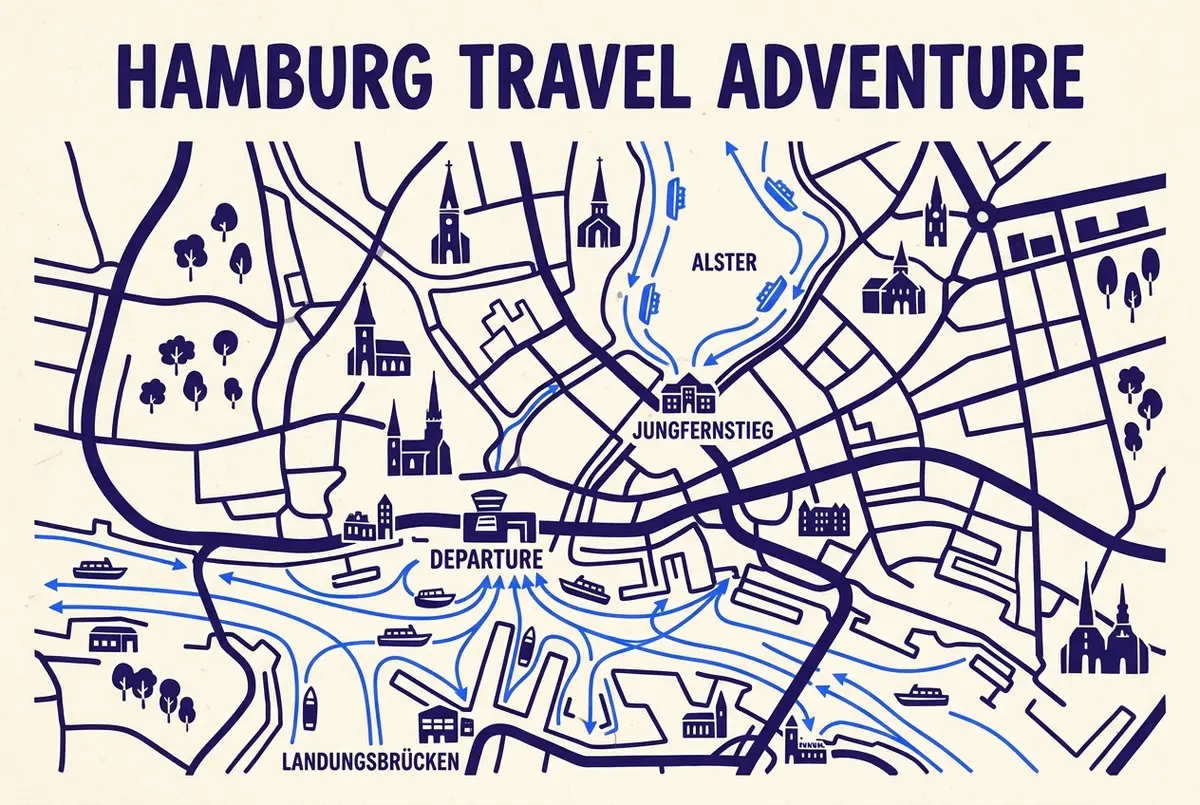 Map of Hamburg showing harbor cruise departure points at Landungsbrücken alongside the Alster lake cruise route from Jungfernstieg
